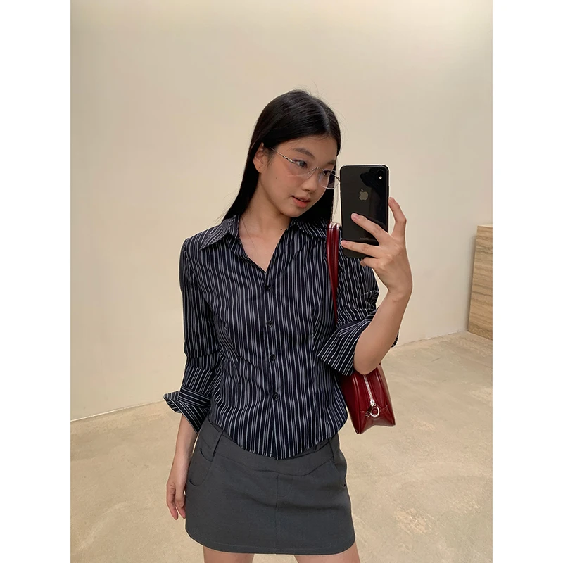 【秋秋清仓】秋季小众设计感条纹收腰时尚BD衬衫244V3556#