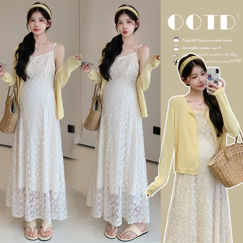 温柔甜美孕妇装女夏季爆款洋气设计感蕾丝花边高级连衣裙防晒开衫