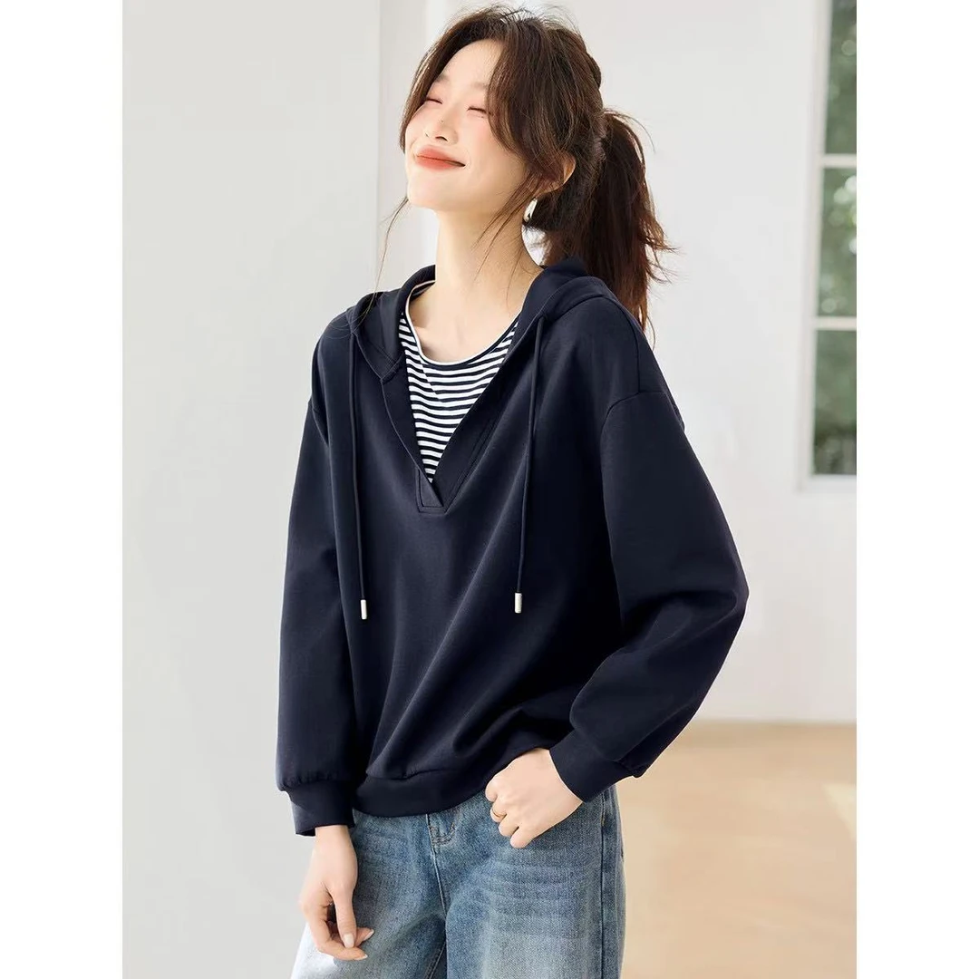 2025春季新款女连帽轻通勤拼接撞色条纹休闲上衣连帽时尚卫衣ins