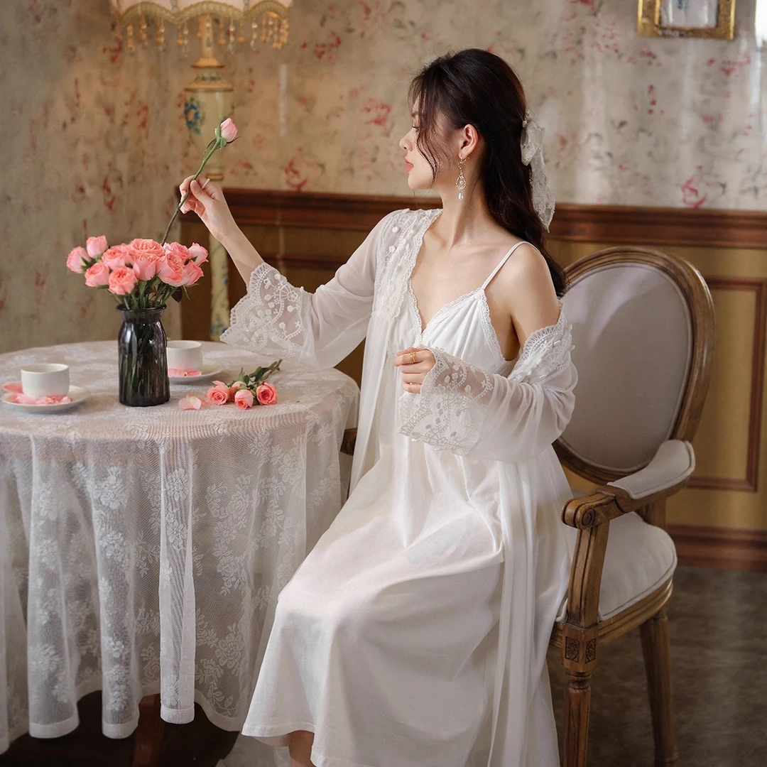 睡裙女款爆款2025新款性感薄款春夏长袖网纱睡衣带胸垫吊带两件套