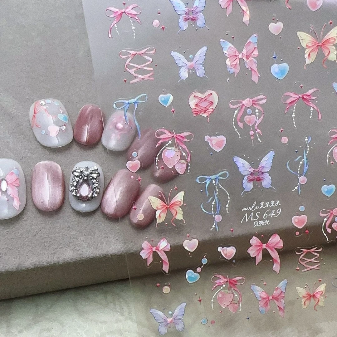 极光少女心蝴蝶结贝壳光镭射浮雕美甲贴纸翩翩蝴蝶防水指甲装饰贴