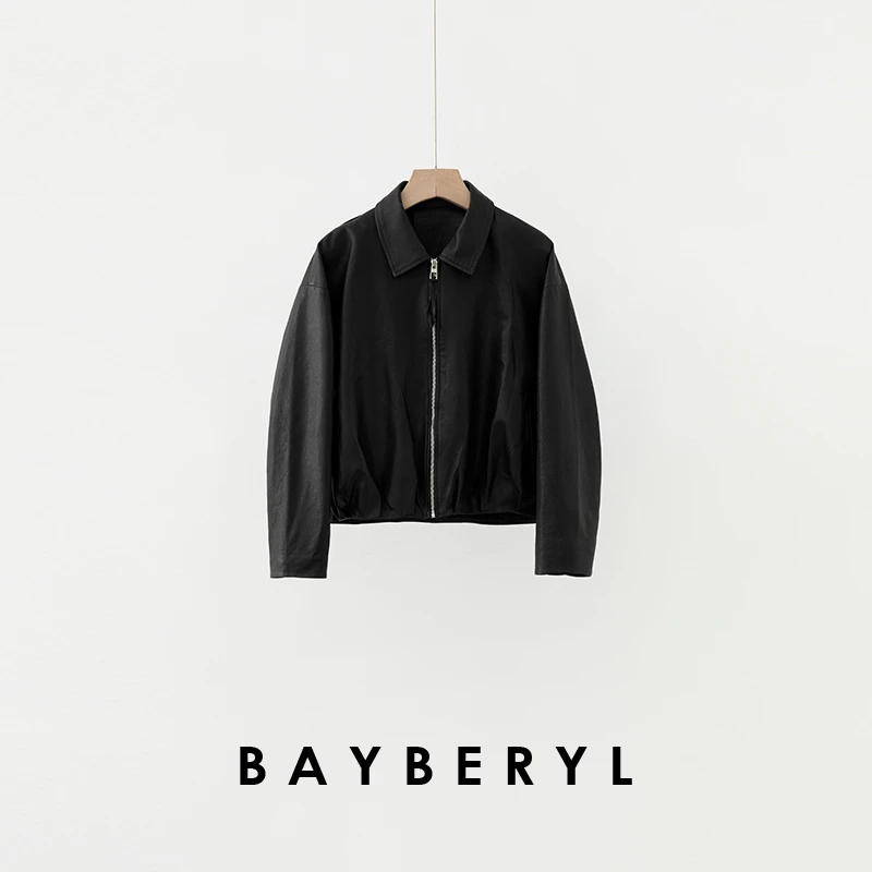 BAYBERYL老贝幂loe*黑褶皱设计翻领拉链休闲春皮衣PY5C1523-3/16