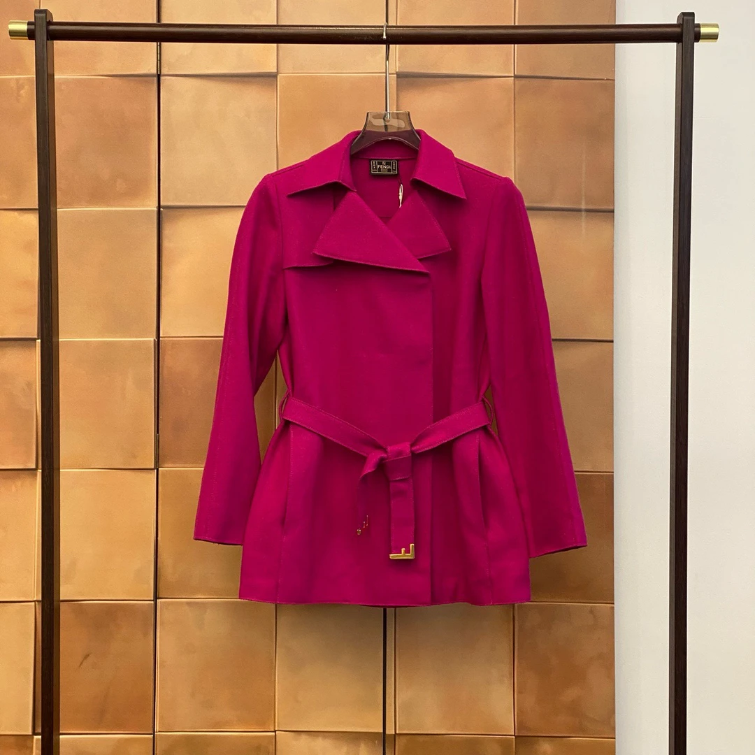 99新 FENDI/芬迪 Fendi玫红色羊毛呢系腰带大衣/36码/99新/29293