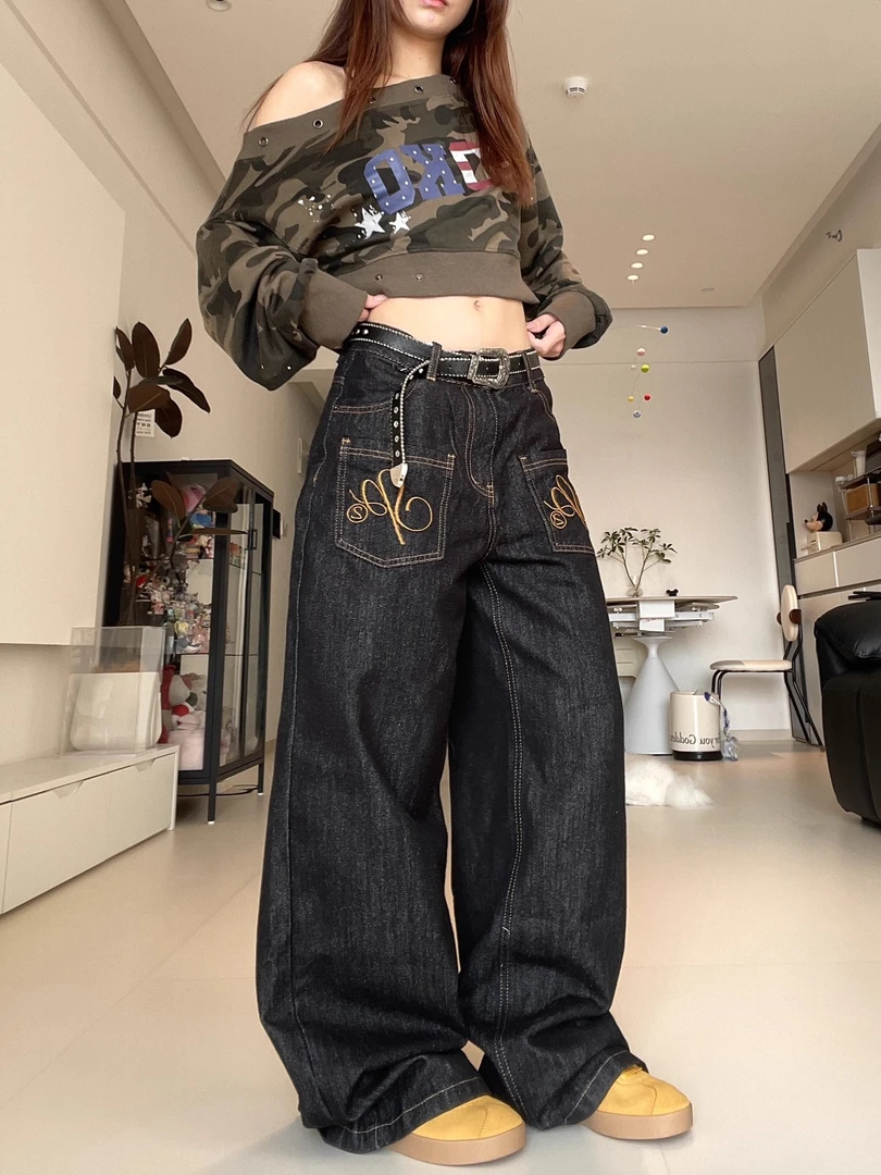 BINXLAN刺绣印花美式复古黑色丹宁原色直筒牛仔裤女水洗宽松裤子