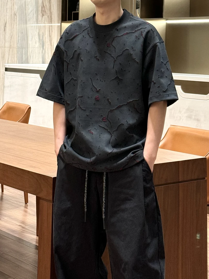 夏季重磅破洞立体短袖时尚百搭T恤休闲夏季潮流设计师圆领66309