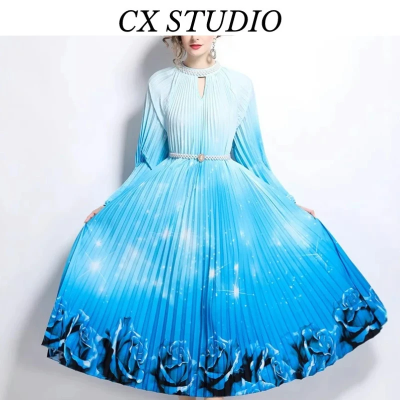 旅行度假高端定制渐变色百褶裙新款时尚优雅淑女连衣裙S8813