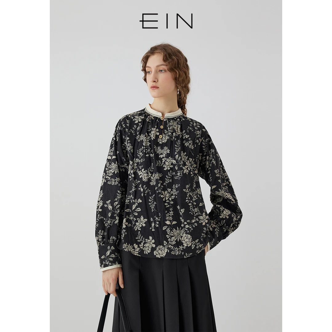 EIN/言文艺复古中式线迹小立领玫瑰印花灯笼袖衬衫上衣2025秋款