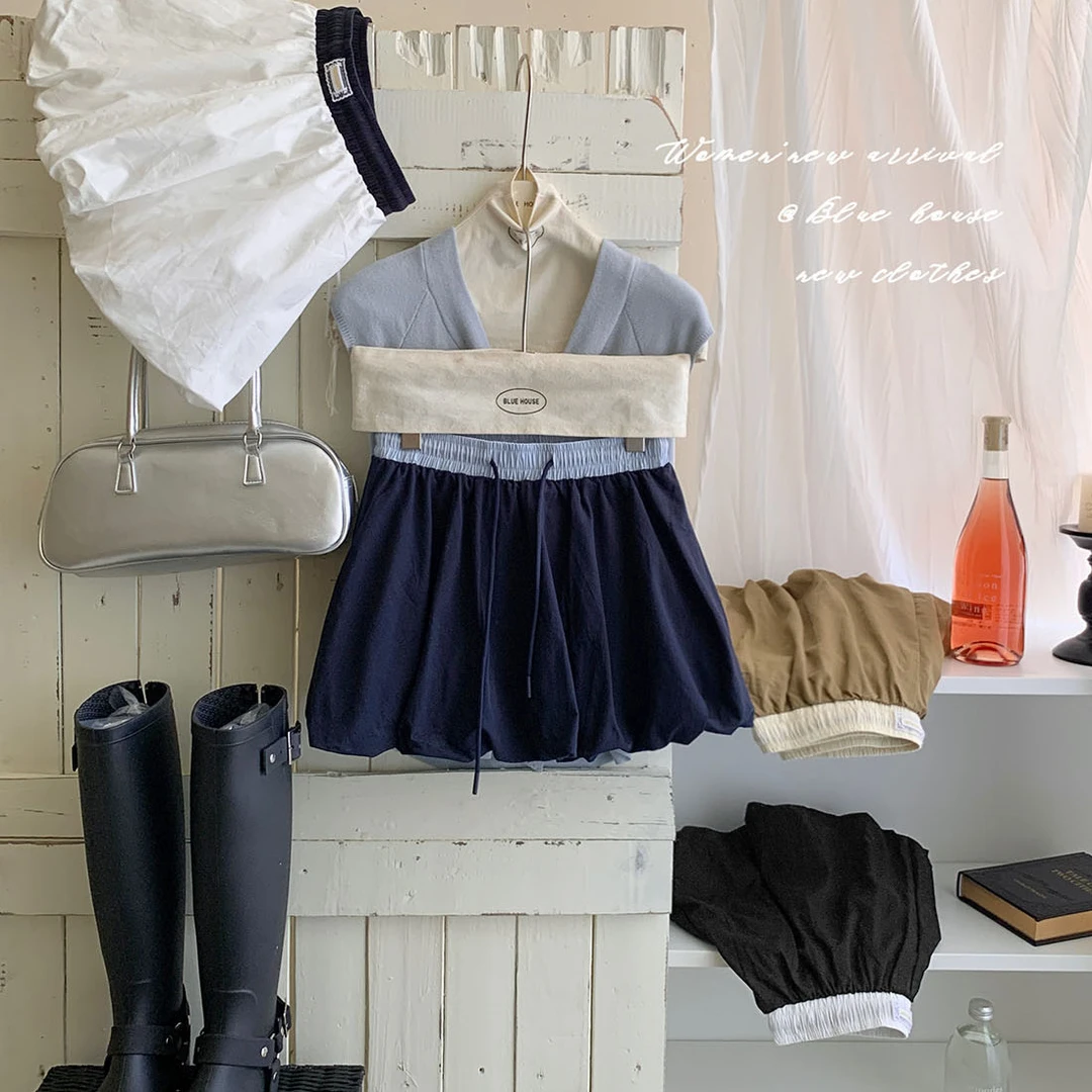 美式撞色腰头洗水抽绳花苞半身裙夏秋miu系甜美防走光A字短裙