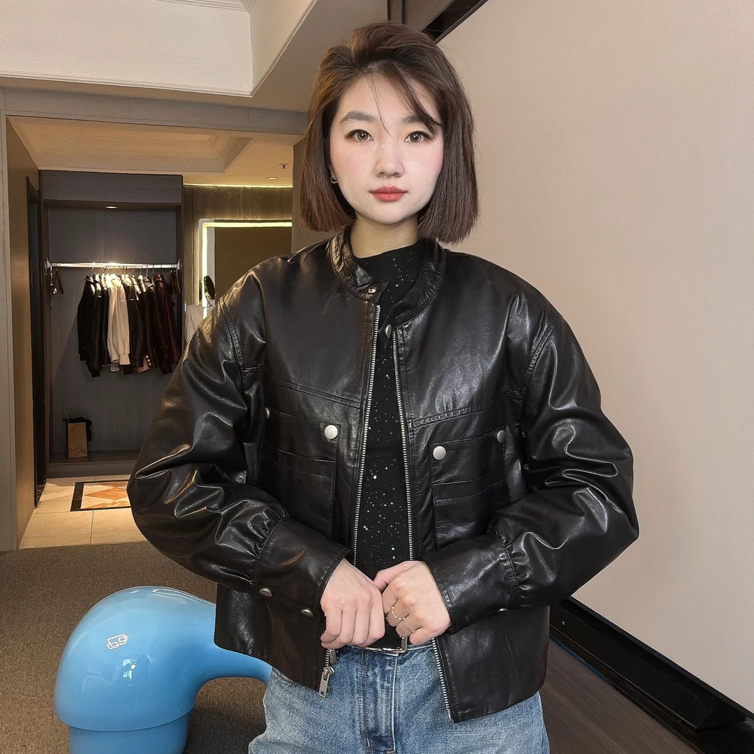 WSSC242-2506春季新款真皮油蜡皮衣女短款立领机车绵羊皮外套