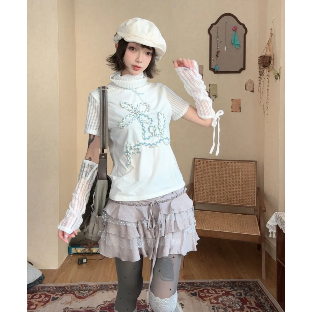 ｛小兔刊本｝设计感春夏T恤女 白色甜美立领显瘦复古