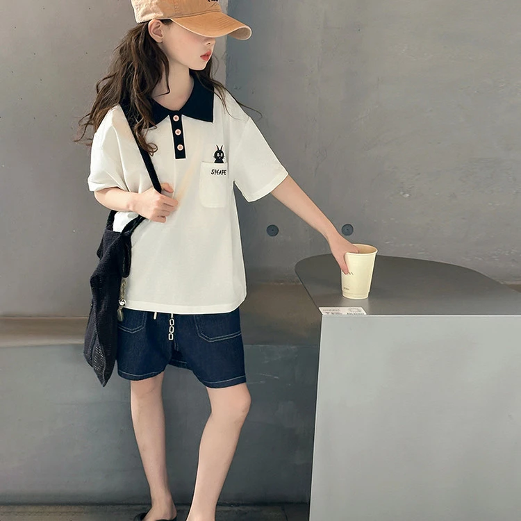 【俏皮猫咪】女童短袖POLO衫夏季新款猫咪撞色翻领五分裤两件套洋气