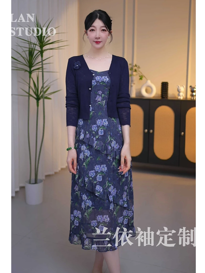 兰依袖--海上玫瑰 蓝色小碎花仙女袖显瘦优雅复古收腰大摆裙