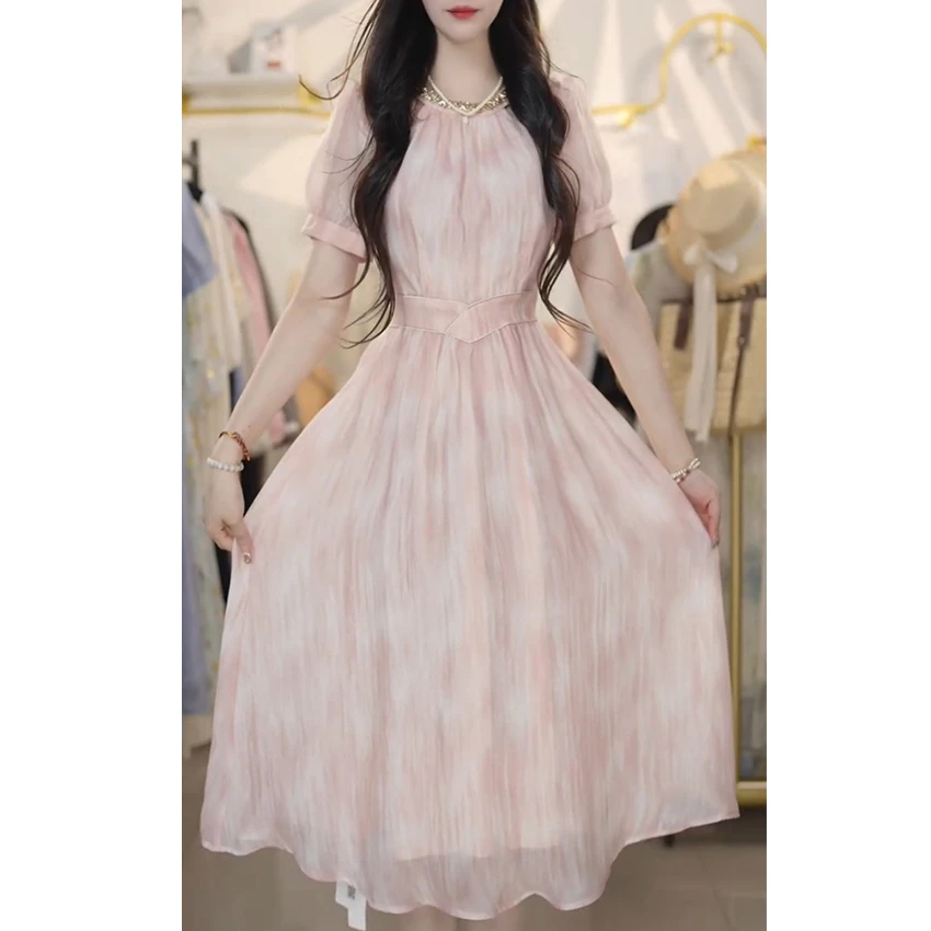 L5328 时尚减龄遮肚子连衣裙2025夏季新款显瘦遮肉洋气中长款裙子