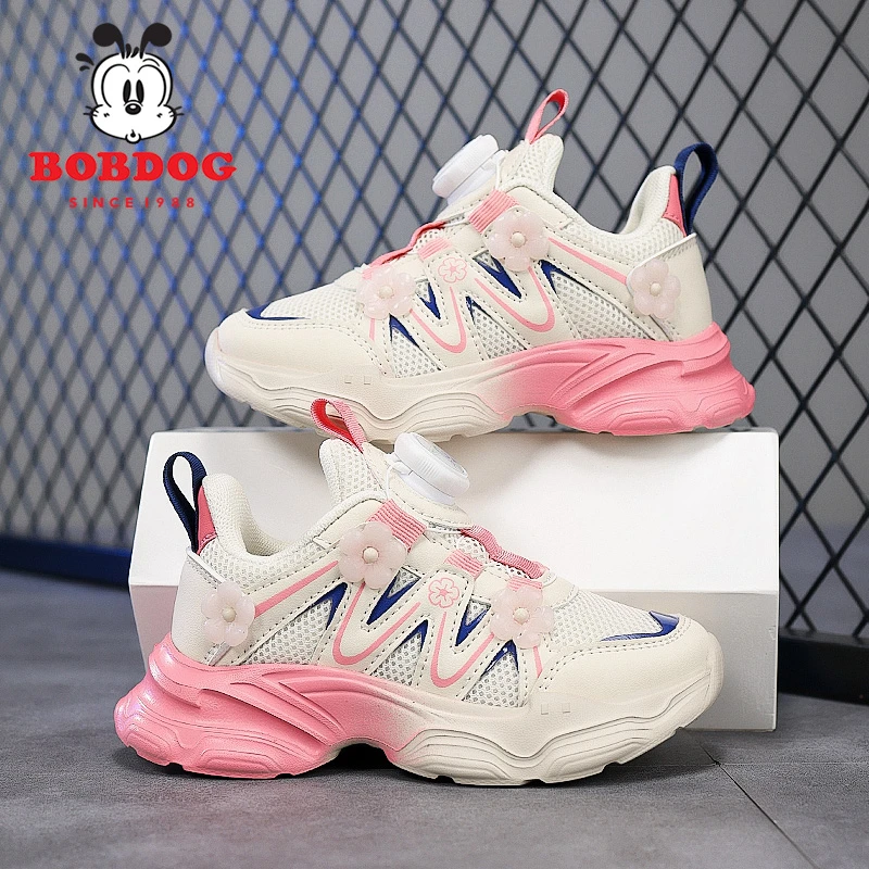 Bobdog/巴布豆2025秋季新款透气防滑网面旋转纽扣运动老爹童鞋