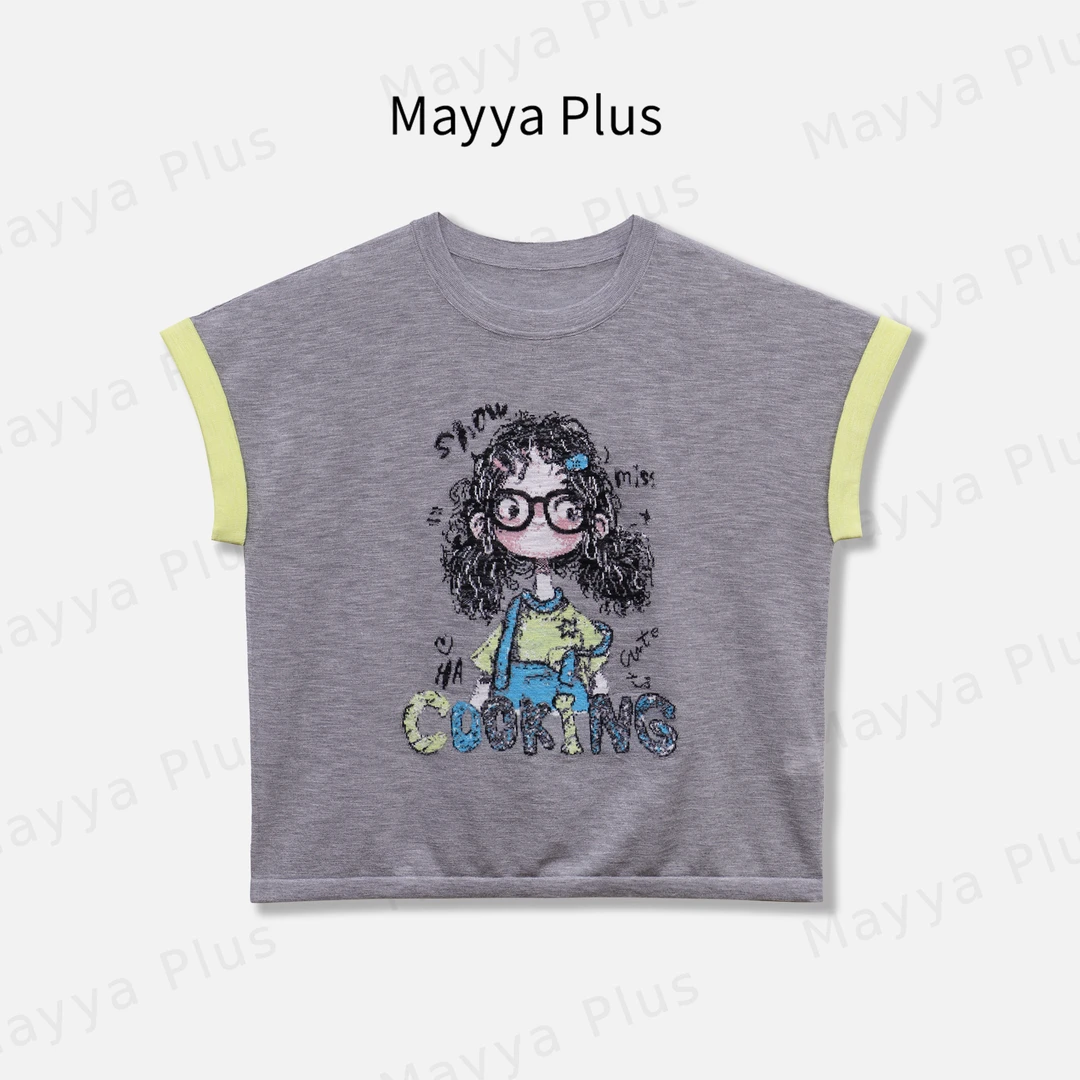 【卷发女孩】MayyaPlus麦芽定制卡通印花T恤慵懒风休闲上衣32527085