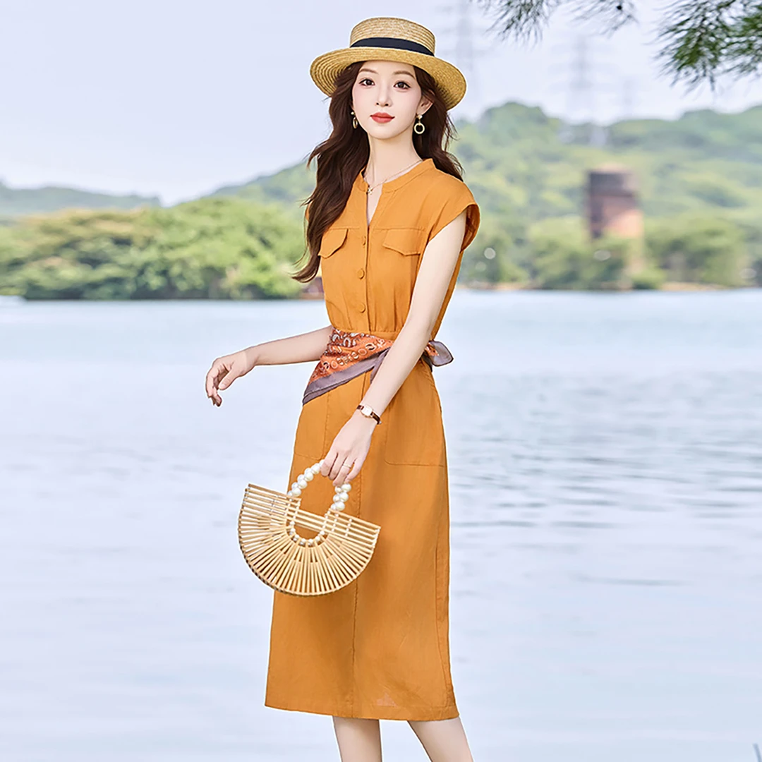 无袖连衣裙2025夏季新款巨好看的大方得体的通勤显瘦亚麻衬衫裙子