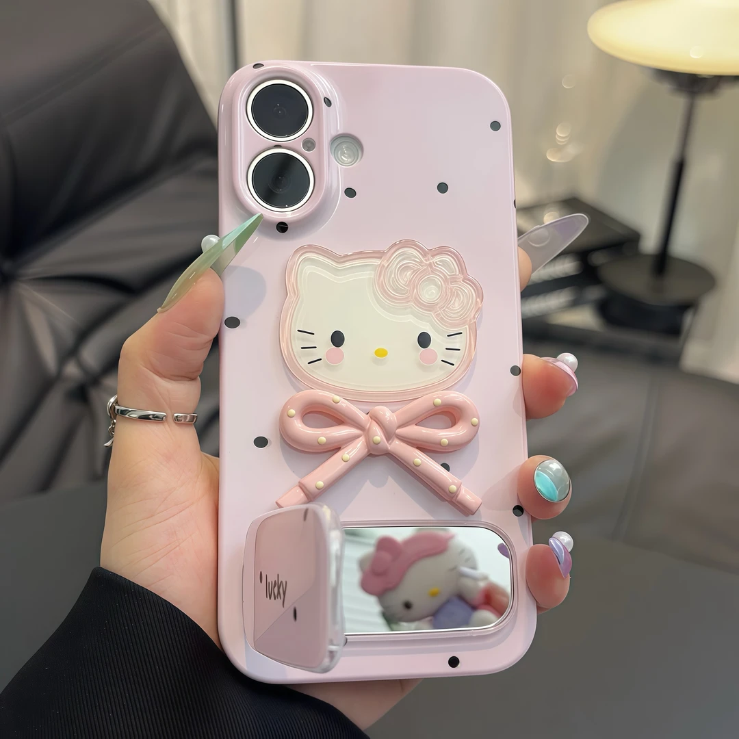 少女粉波点kitty支架适用苹果16/15手机壳13华为vivo小米14oppo套