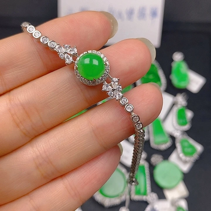 恰***变银S925镶嵌手链翡翠