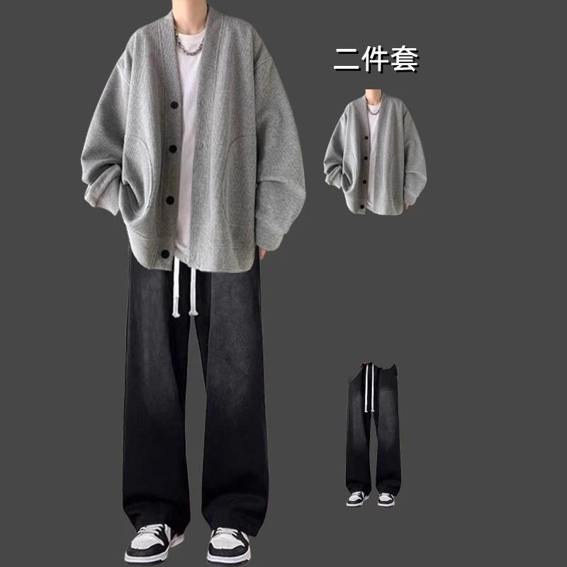 秋冬男士华夫格针织开衫装穿搭帅穿搭牛仔裤潮牌高街一套三件套