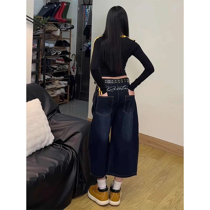 大码美式复古刺绣拼接牛仔裤女2025夏季新款宽松显瘦阔腿七分短裤