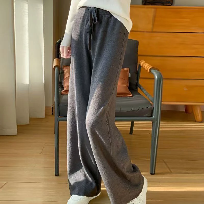 秋冬直筒裤子休闲针织阔腿裤时尚气质百搭纯色简约抽绳DMR860