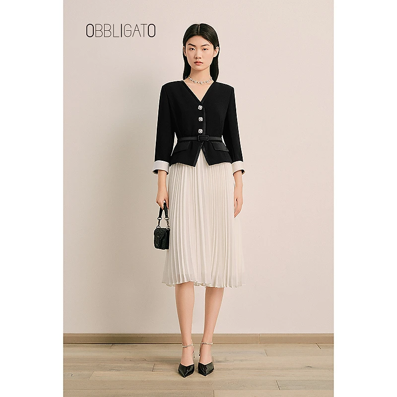 OBBLIGATO奥丽嘉朵1C65105220专选2025春季新品假两件百褶连衣裙