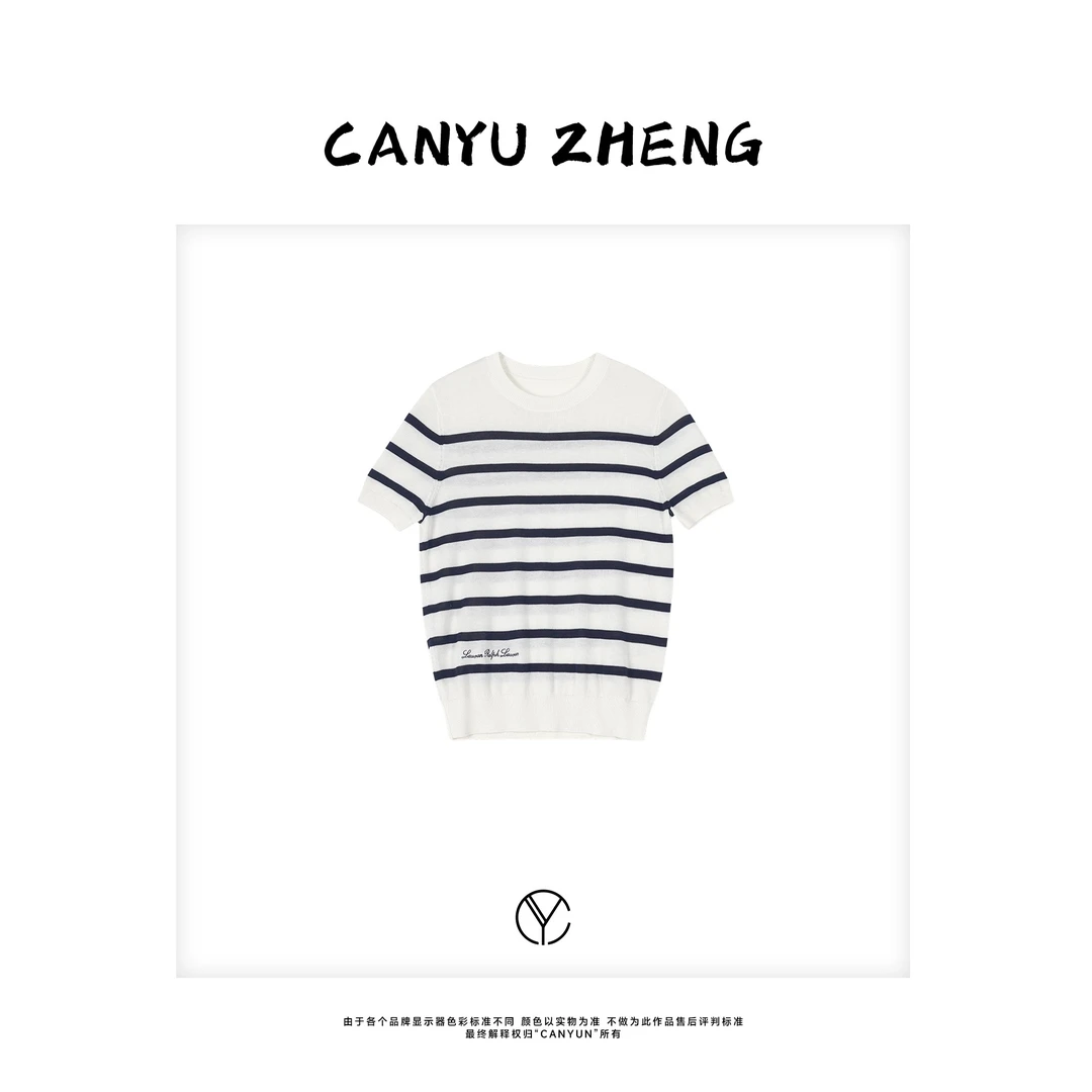 CANYU夏季新款 时尚休闲百搭修身 侧置刺绣条纹针织短袖