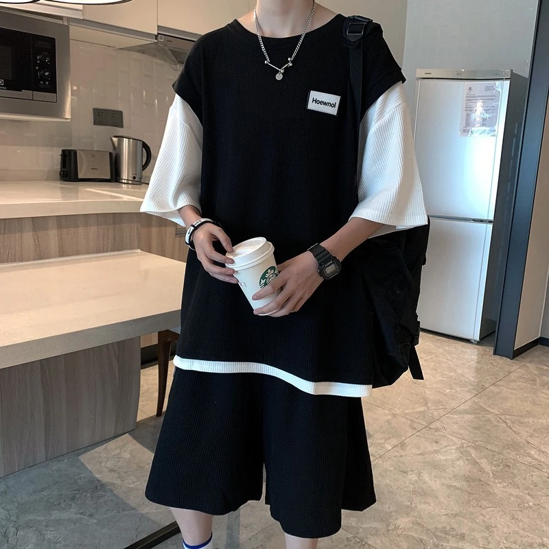 男童夏季套装新款中大童华夫格两件套男孩洋气时髦帅气潮薄款