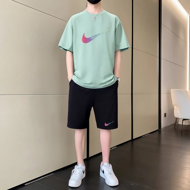 奥莱专区青少年短袖t恤短裤男两件装潮流帅气纯棉运动短裤套装