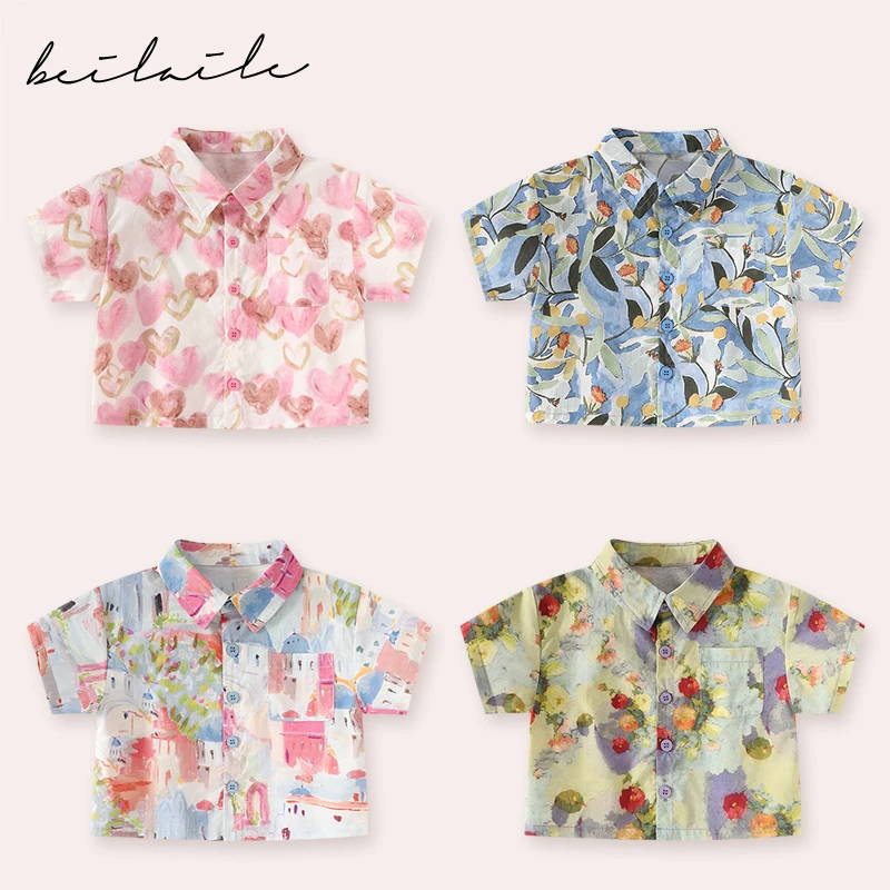 【莫奈花园短袖衬衫 小乐妈咪】宝宝衬衣夏季男女童上衣打底衫D18