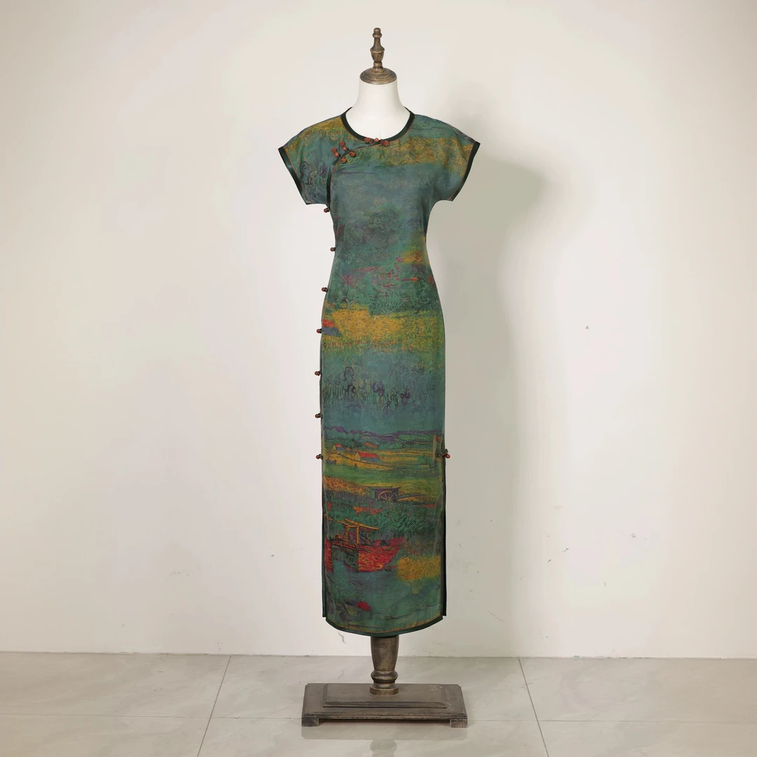 十六梅《漫野》100%桑蚕丝40姆米提花绢纺香云纱新中式改良旗袍女