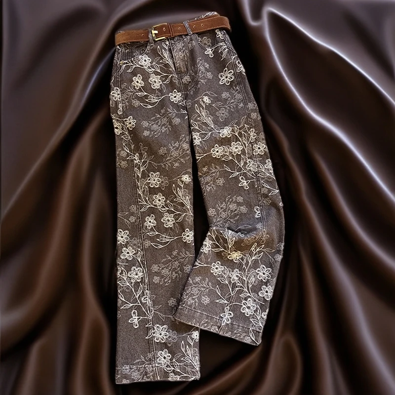 春秋季新款气质无弹高腰提花牛仔裤女士宽松显瘦百搭弯刀裤长裤