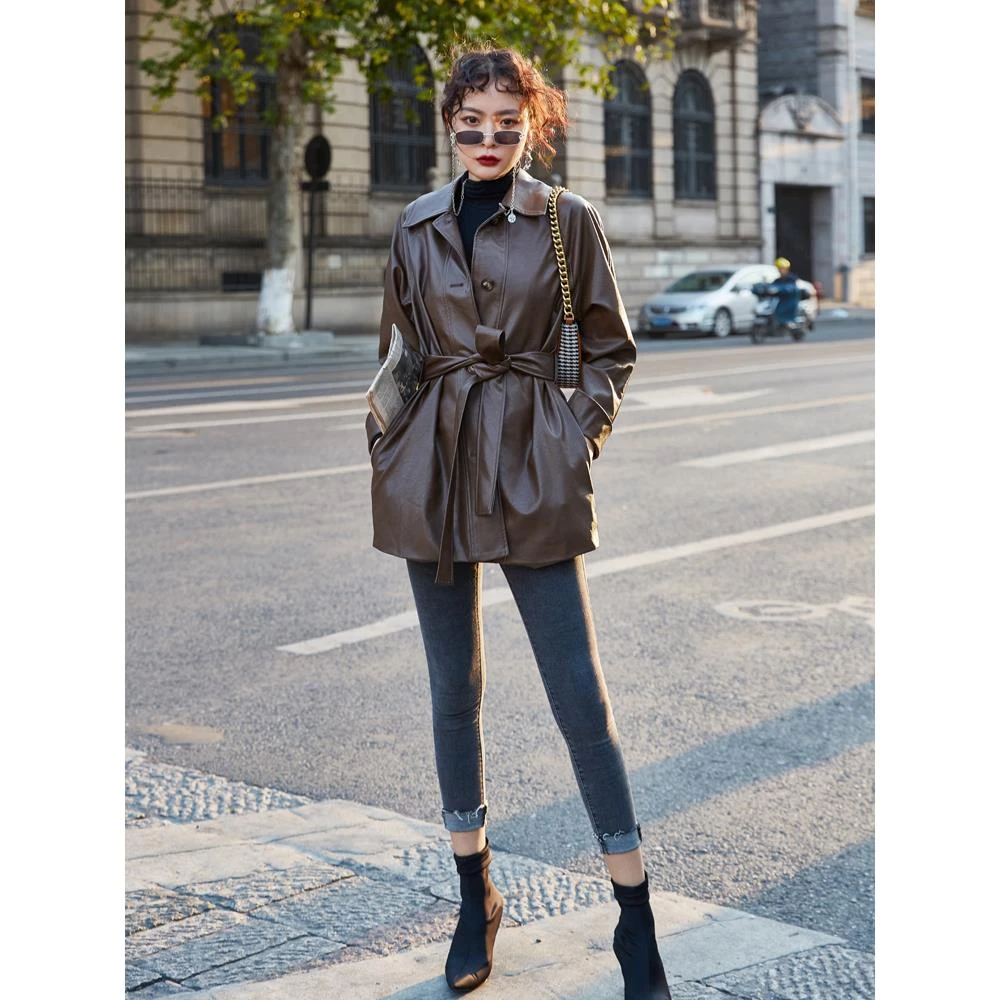 皮衣外套女2025春秋pu皮新款时尚宽松系带中长款机车韩版收腰休闲