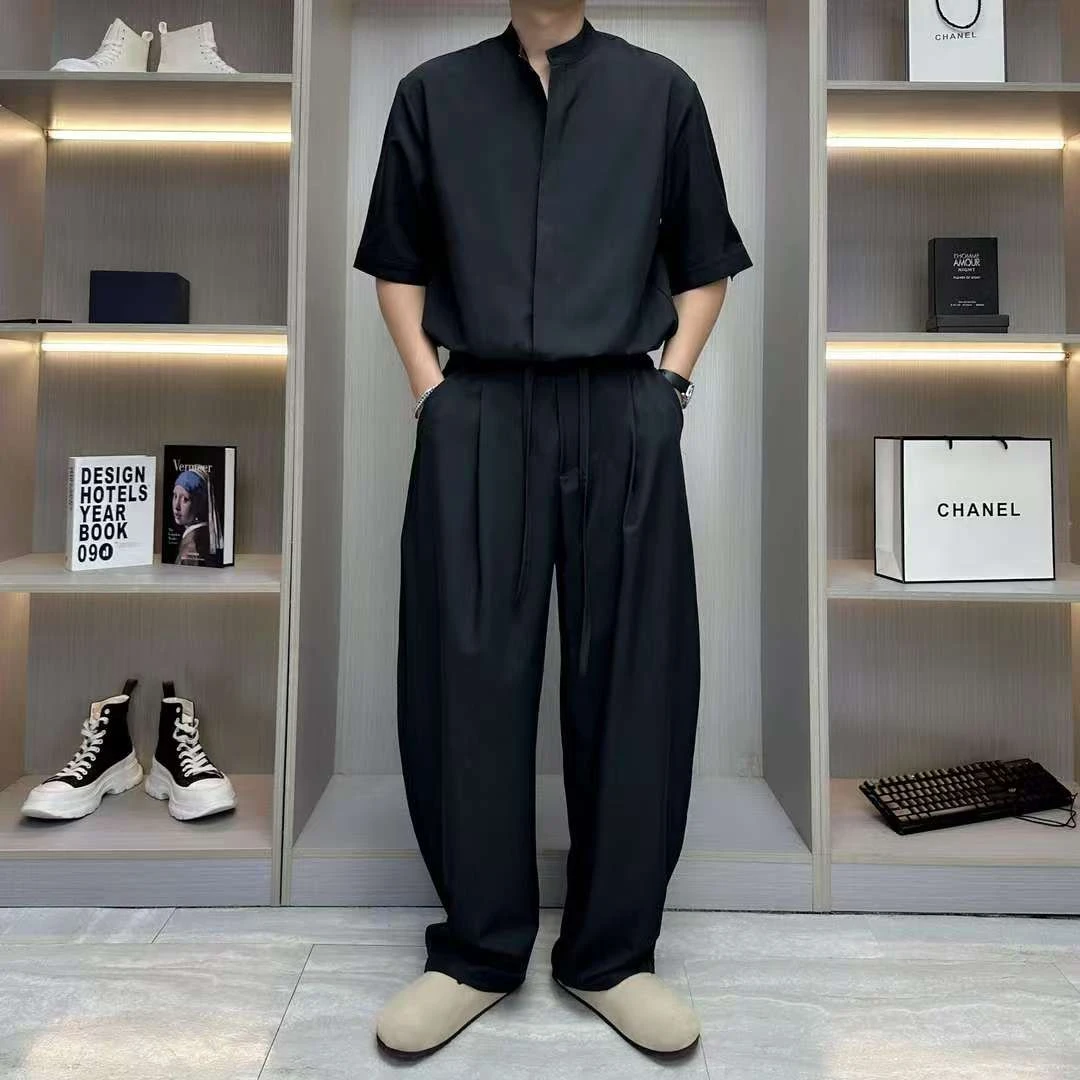 夏季新款男士气质百搭薄款衬衫纯色男士透气冰丝休闲运动套装短袖