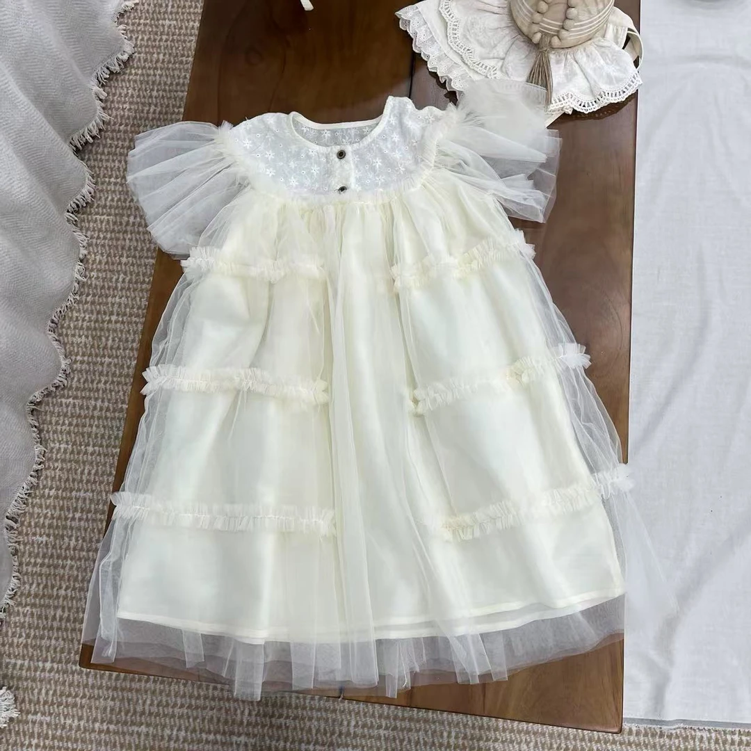〖姐姐家〗2025夏款儿童萌娃穿搭拼接绣花纱纱连衣裙26669