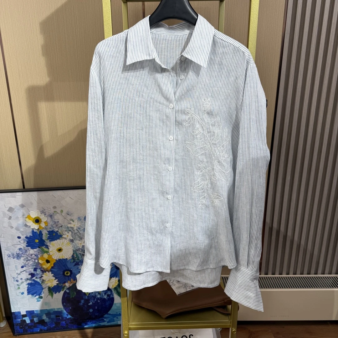 时尚竖条纹刺绣亚麻设计师翻领衬衫白色打底长袖百搭衬衣春季