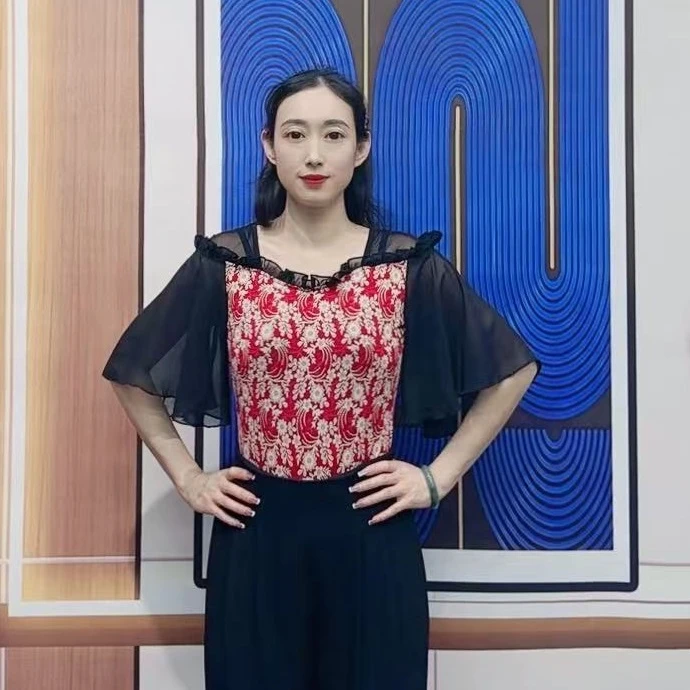 欢舞阁吉特巴摩登舞气质女士网纱交际广场舞短袖荷叶边舞衣A0551