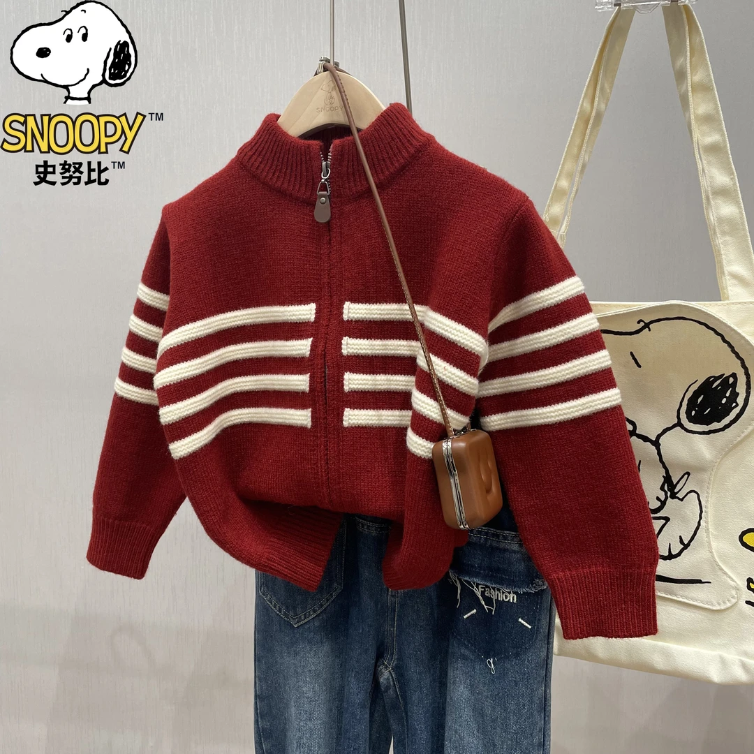 Snoopy/史努比儿童红色外套毛衣男童针织衫拉链开衫洋气中大童潮