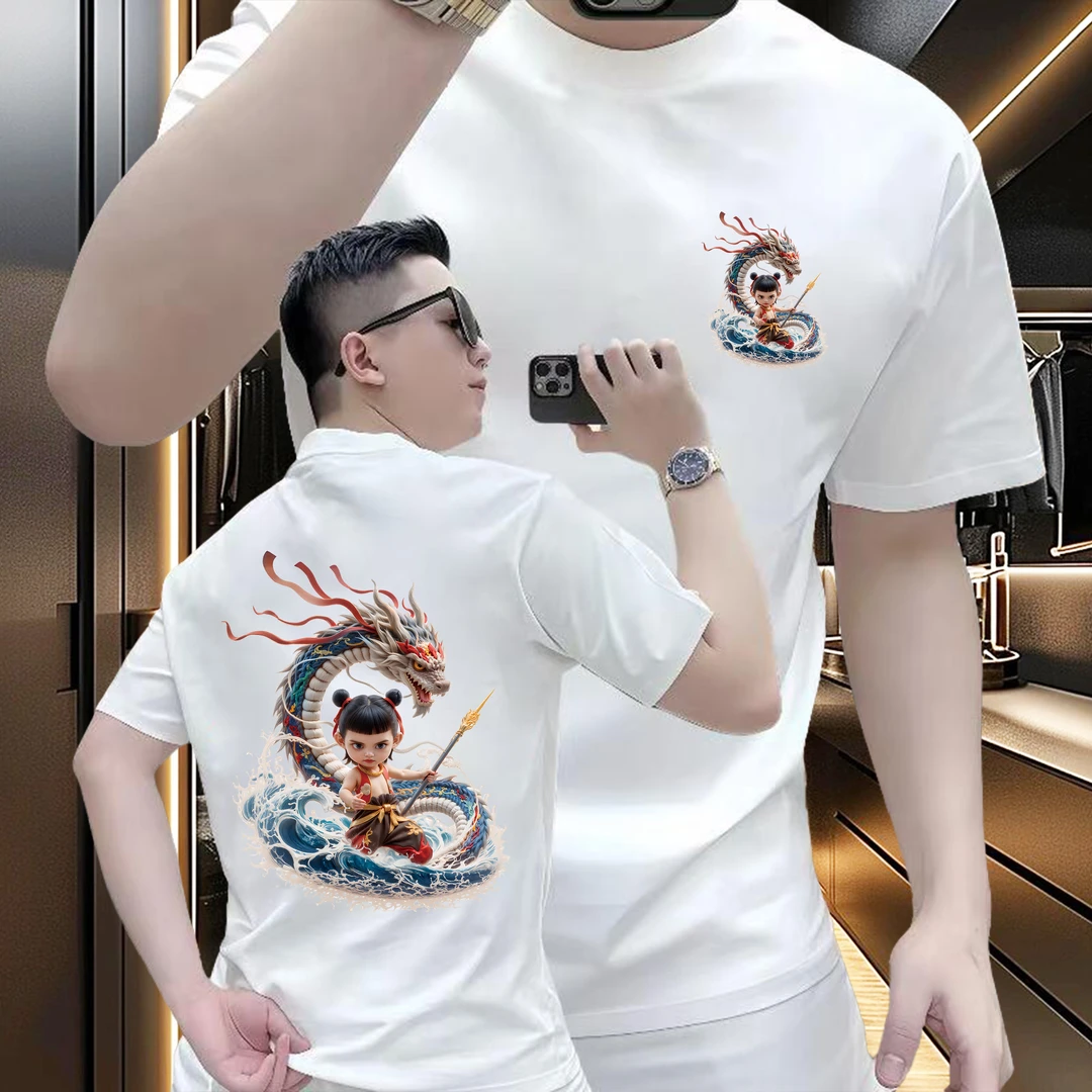 美式痞帅重磅纯棉短袖-哪吒海浪龙 青年男女潮牌宽松百搭圆领上衣