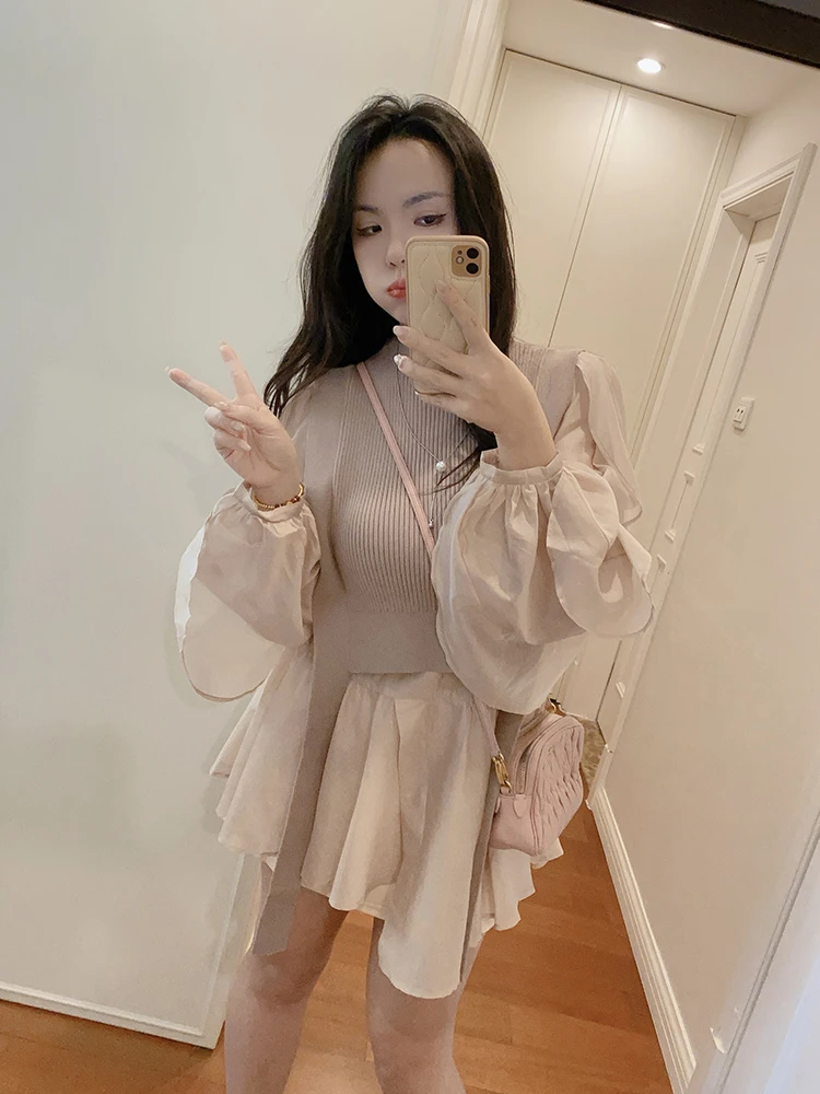 S家甜美日系针织背心+不规则荷叶边薄纱宽松叠搭小个子短款连衣裙