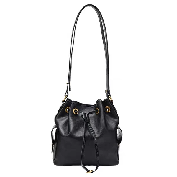 简约百搭大容量黑色抽绳水桶单肩女包