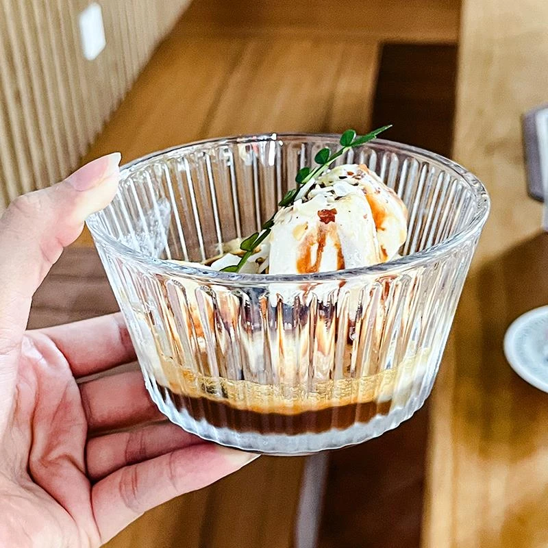 网红ins风竖纹甜品玻璃碗早餐碗水果沙拉碗麦片碗冰淇淋碗甜品碗