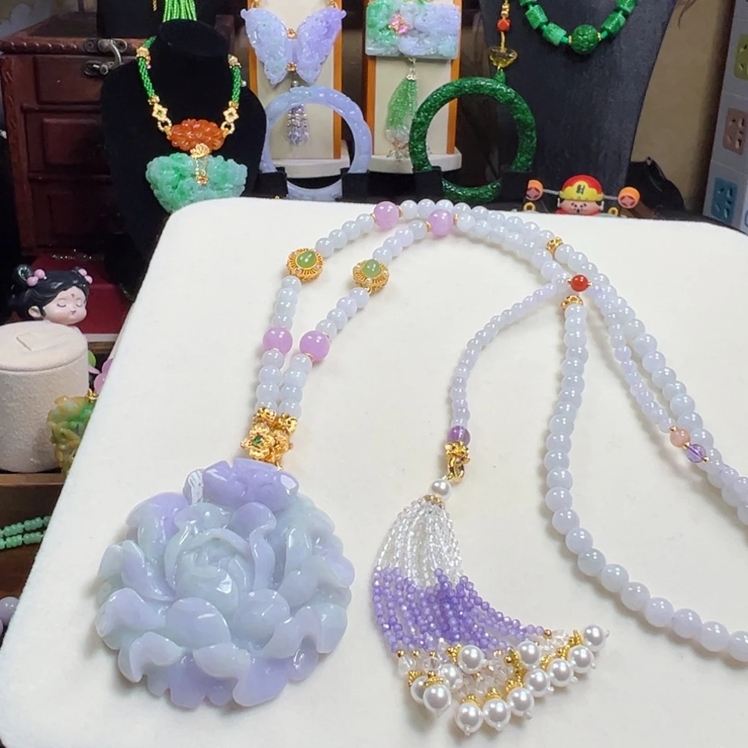 翡翠未镶嵌毛衣链春彩大牡丹