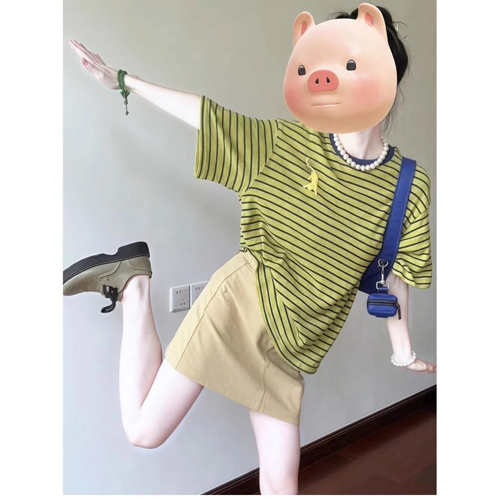 条纹短袖T恤女韩系chic设计感撞色夏季新款宽松显瘦休闲圆领上衣