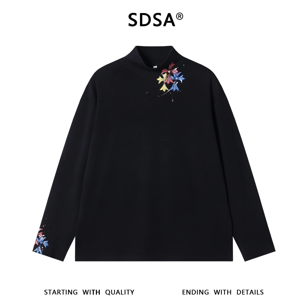 SDSA秋冬新款痞帅男装泼墨彩色十字印花半高领长袖T恤百搭简约