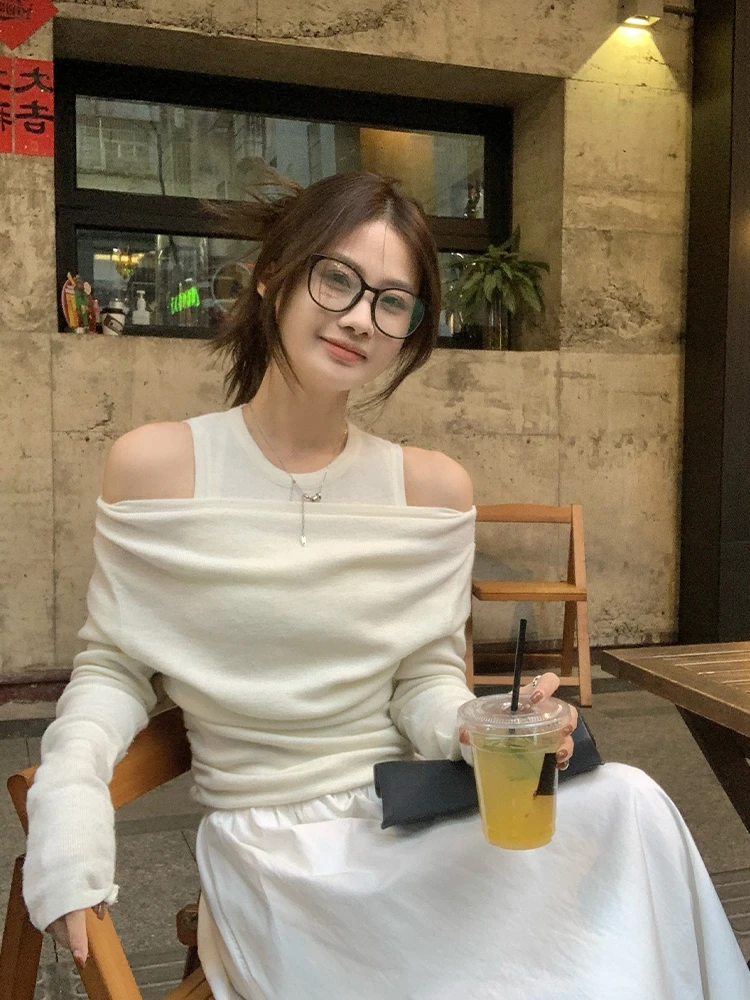 韩11小心机纯欲一字肩假两件针织上衣女2025早春气质修身露肩T恤