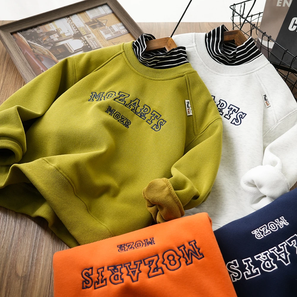 儿童男童秋冬款字母刺绣假两件高领加绒卫衣中大童休闲上衣5321