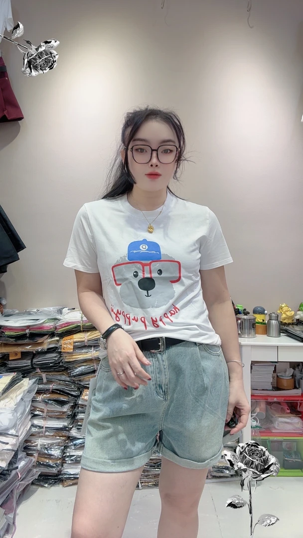 冰瓷棉上衣小熊眼镜2025年夏新款弹性修身百搭显瘦女T