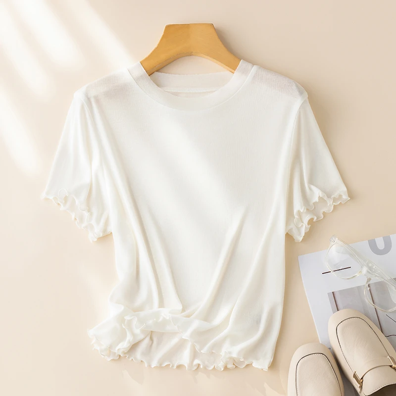 Cousin|春夏新款【莱赛尔桑蚕丝】甜美木耳边圆领短款百搭T恤032