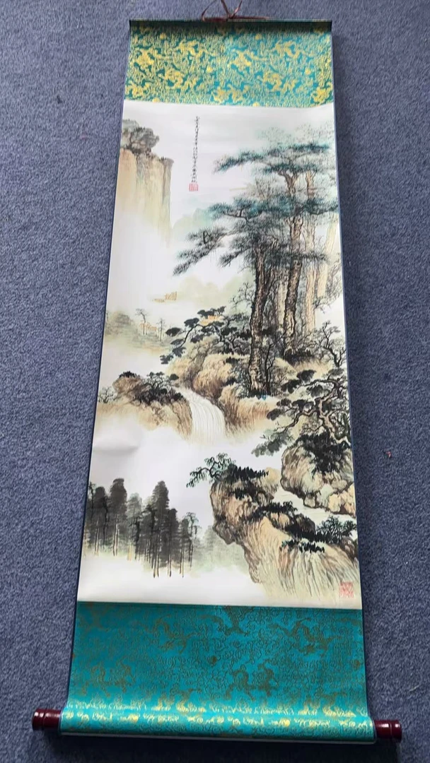 三尺《松瀑图》卷轴精装裱